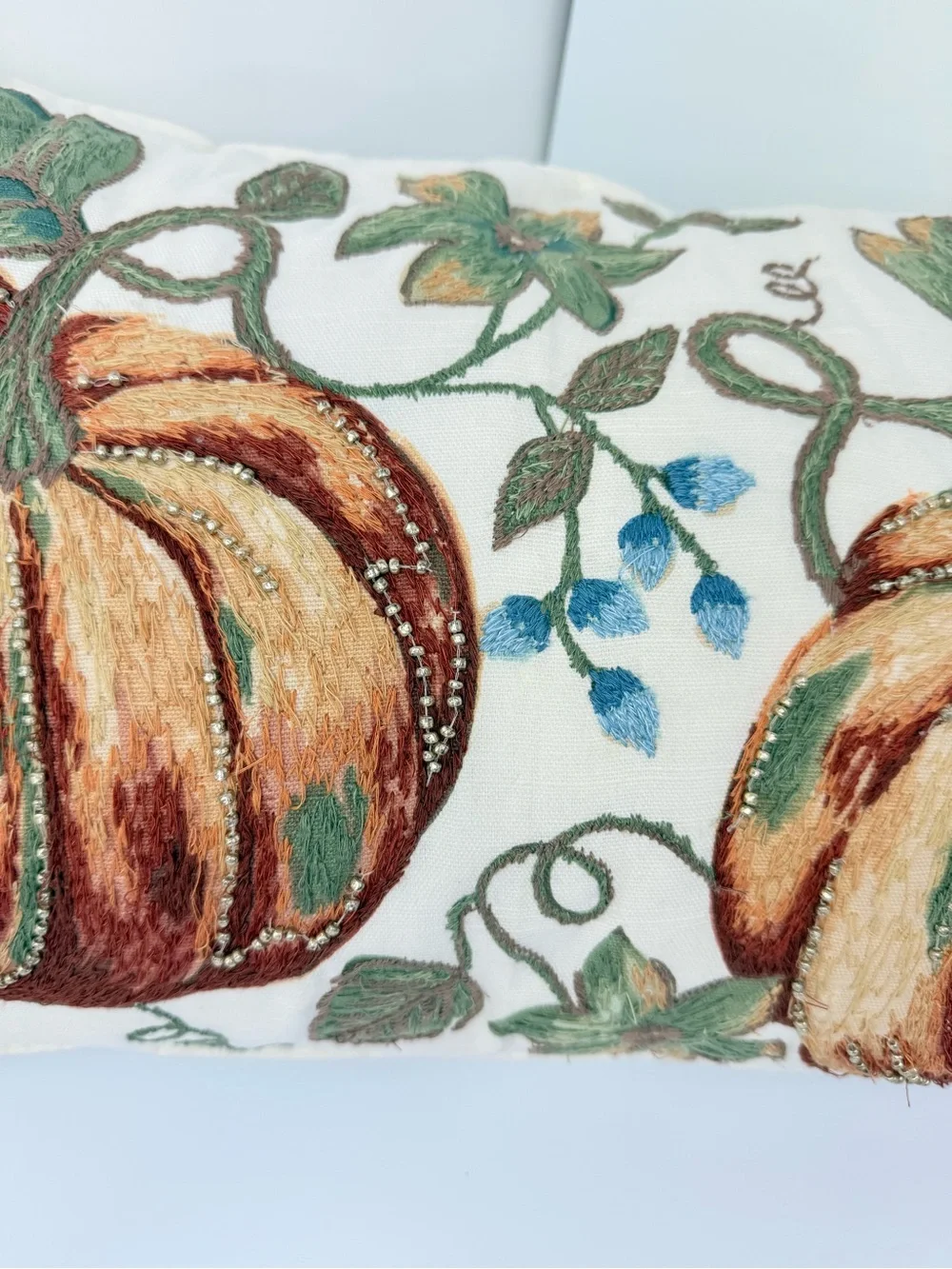 Autumn Blessings Orange Green Pumpkin Vine Gold Beaded Fall Accent Decor Pillow